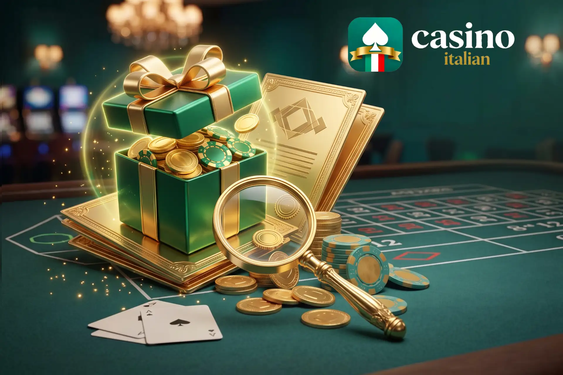 Vantaggiosi bonus di benvenuto e promozioni, illustrati su un tavolo da roulette verde con scatola regalo piena di monete, lente d'ingrandimento e fiches.